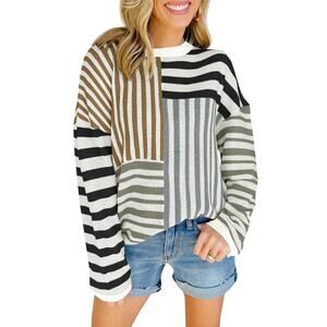 New Medium Oversized, Color Block Crewneck Loose Knit Sweater